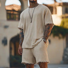 Load image into Gallery viewer, Men's Solid Striped Rough Edge Round Neck Short Sleeve T-shirt Shorts Set