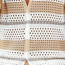 Load image into Gallery viewer, Men's Casual Lapel Single-Breasted Loose Cardigan Elastic Waist Shorts Striped Hollow Knit Set