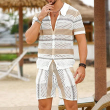 Load image into Gallery viewer, Men's Casual Lapel Single-Breasted Loose Cardigan Elastic Waist Shorts Striped Hollow Knit Set