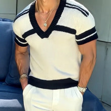 Load image into Gallery viewer, Men's Casual V-neck Striped Jacquard Slim Fit Knitted Short-sleeved Sweater T-Shirt