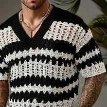 Load image into Gallery viewer, MEN'S KNITTED CONTRAST COLOR V-NECK SHORT-SLEEVED SWEATER T-SHIRT