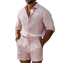 Load image into Gallery viewer, Men's Casual Breathable Pleated Cotton Linen Lapel Long-sleeved Shirt Elastic Waist Shorts Holiday Set