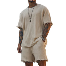 Load image into Gallery viewer, Men's Solid Striped Rough Edge Round Neck Short Sleeve T-shirt Shorts Set