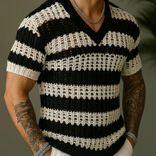 Load image into Gallery viewer, MEN'S KNITTED CONTRAST COLOR V-NECK SHORT-SLEEVED SWEATER T-SHIRT
