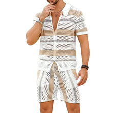Load image into Gallery viewer, Men's Casual Lapel Single-Breasted Loose Cardigan Elastic Waist Shorts Striped Hollow Knit Set
