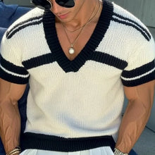 Load image into Gallery viewer, Men's Casual V-neck Striped Jacquard Slim Fit Knitted Short-sleeved Sweater T-Shirt
