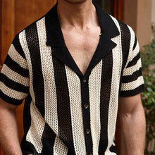Load image into Gallery viewer, Men's Striped Knit Lapel Short Sleeve Shirt
