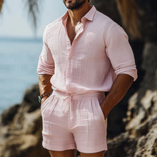 Load image into Gallery viewer, Men's Casual Breathable Pleated Cotton Linen Lapel Long-sleeved Shirt Elastic Waist Shorts Holiday Set
