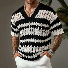 Load image into Gallery viewer, MEN'S KNITTED CONTRAST COLOR V-NECK SHORT-SLEEVED SWEATER T-SHIRT
