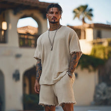 Load image into Gallery viewer, Men's Solid Striped Rough Edge Round Neck Short Sleeve T-shirt Shorts Set
