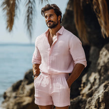 Load image into Gallery viewer, Men's Casual Breathable Pleated Cotton Linen Lapel Long-sleeved Shirt Elastic Waist Shorts Holiday Set

