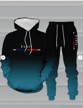 Load image into Gallery viewer, Men’s Paris Graphic Hoodie &amp; Jogger Tracksuit Set – Black &amp; Teal
